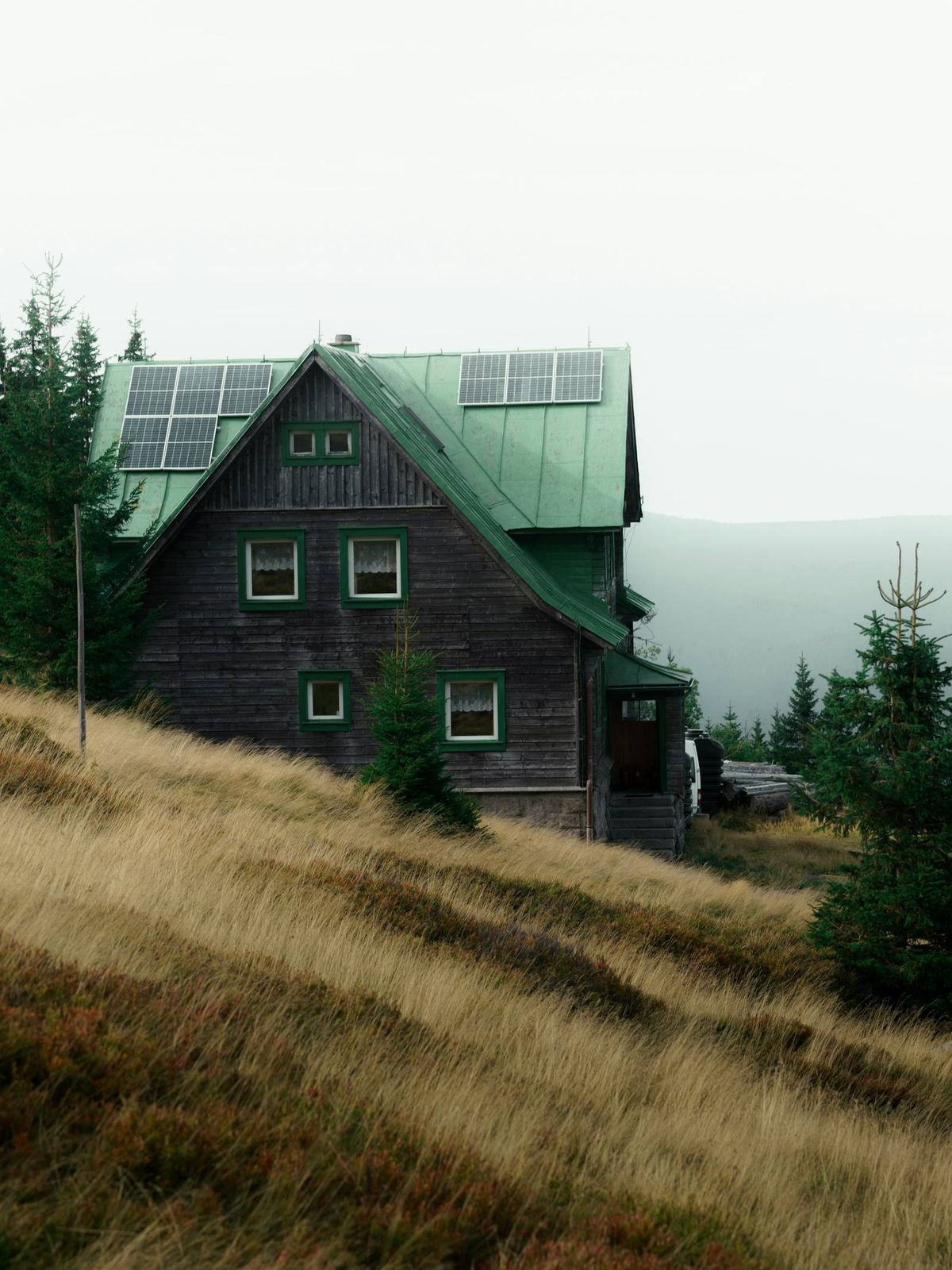 Off-grid solar panels powering a cabin